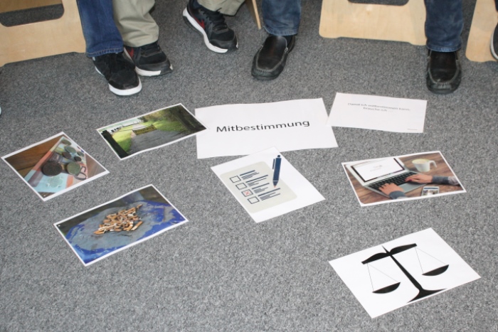 Am Boden aufgelegte Zettel zum Begriff „Mitbestimmung“ und dazu passende Bilder