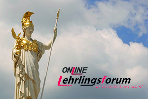 Ausschnitt der Pallas Athene und Logo des Online Lehrlingsforums vor Wolken